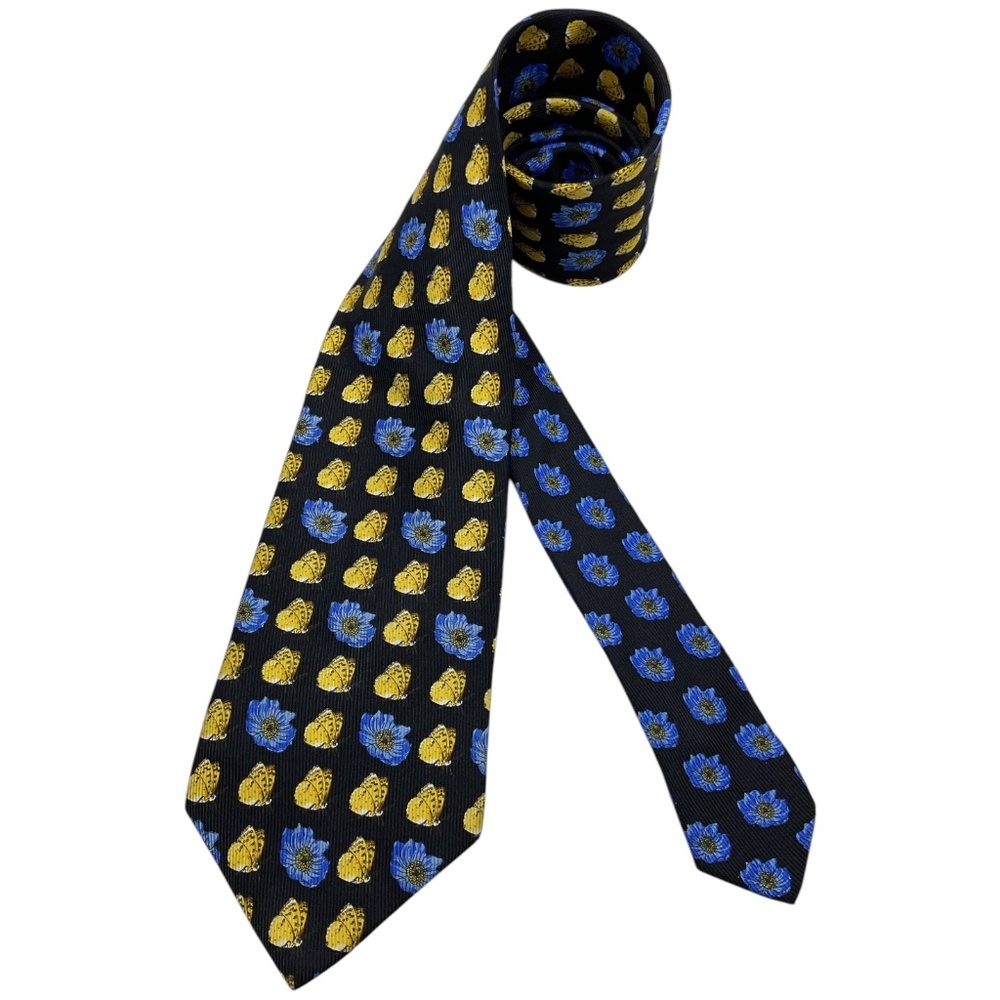 KENZO Black/Blue/Yellow Floral Butterfly Silk LUXURY Tie ITALY